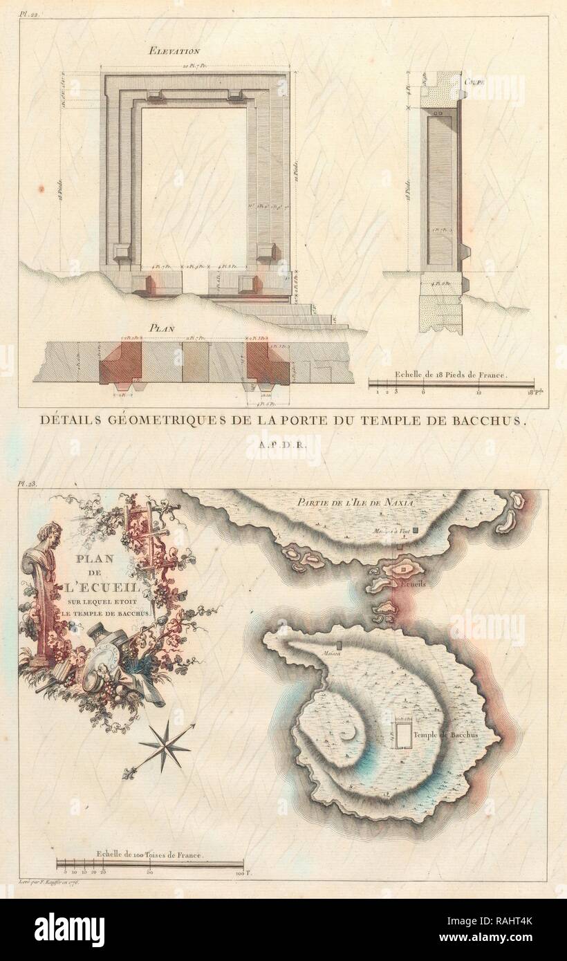 Pl. 23: Plan de l'Ecueil sur lequel etoit le Temple de Bacchus, Pl 22: Détails Géometriques de la Porte du Temple de reimagined Stock Photo