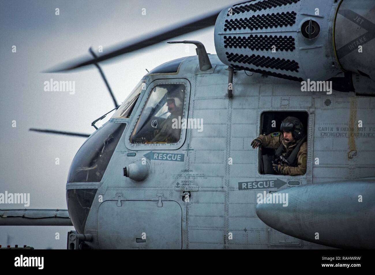 U.S. Marines with Marine Heavy Helicopter Squadron 464 prepare for a “Max Launch”, Marine Corps Air Station New River, N.C., Feb. 3, 2017. The purpose for this flight is to celebrate a rarely achieved maintenance goal of having all aircraft operational at one time. Stock Photo