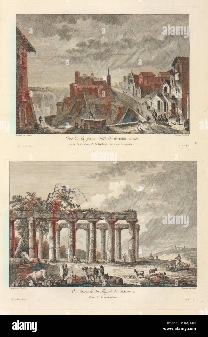 Vuë latérale du Temple de Métaponte, dans la Grande Grêce, Vuë de la petite Ville de Bernaldo, près des Ruines de reimagined Stock Photo