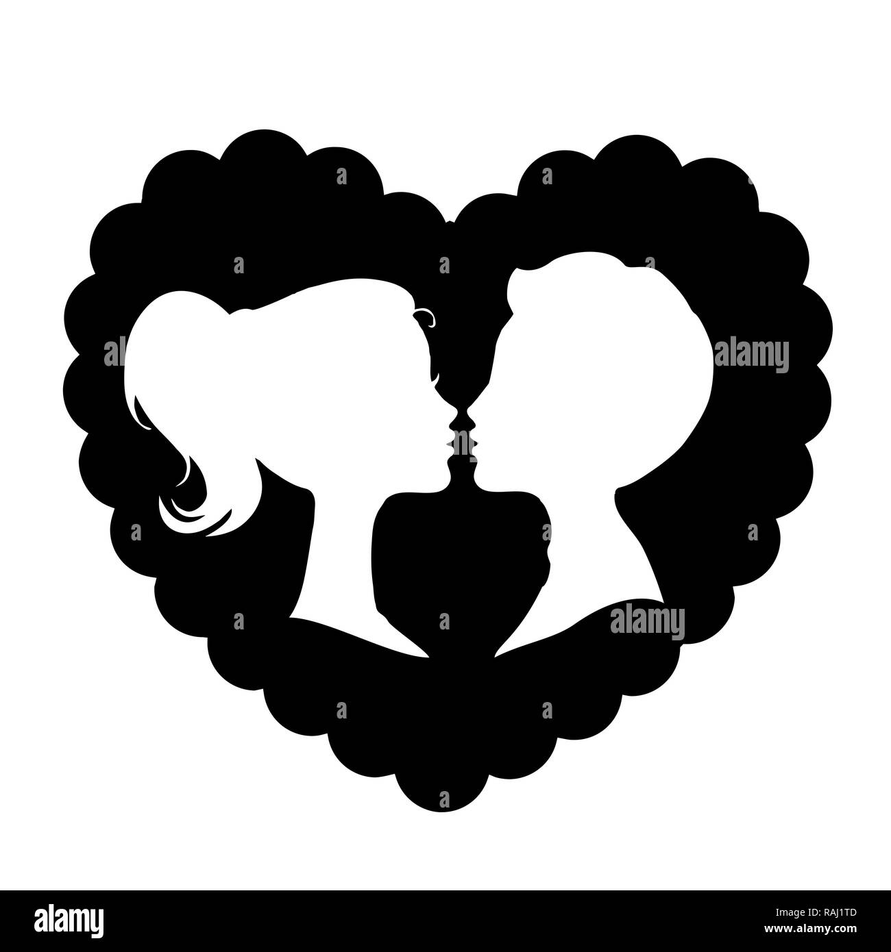 White silhouettes of loving couple isolated on black background inside ...