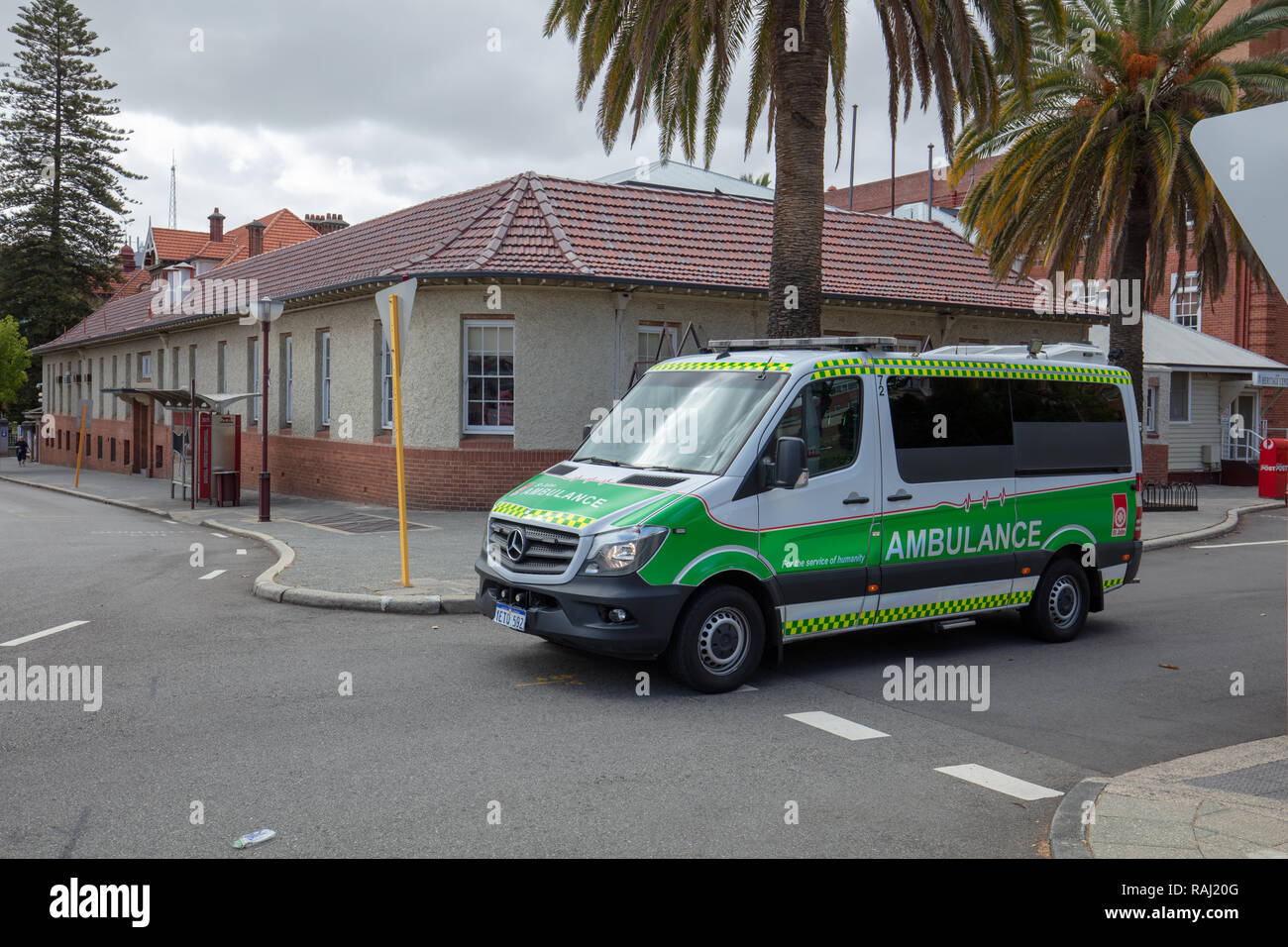 St John Ambulance driving from Royal Perth Hospital, Western Australia on Victoria Square for the service of humanity. Stock Photo