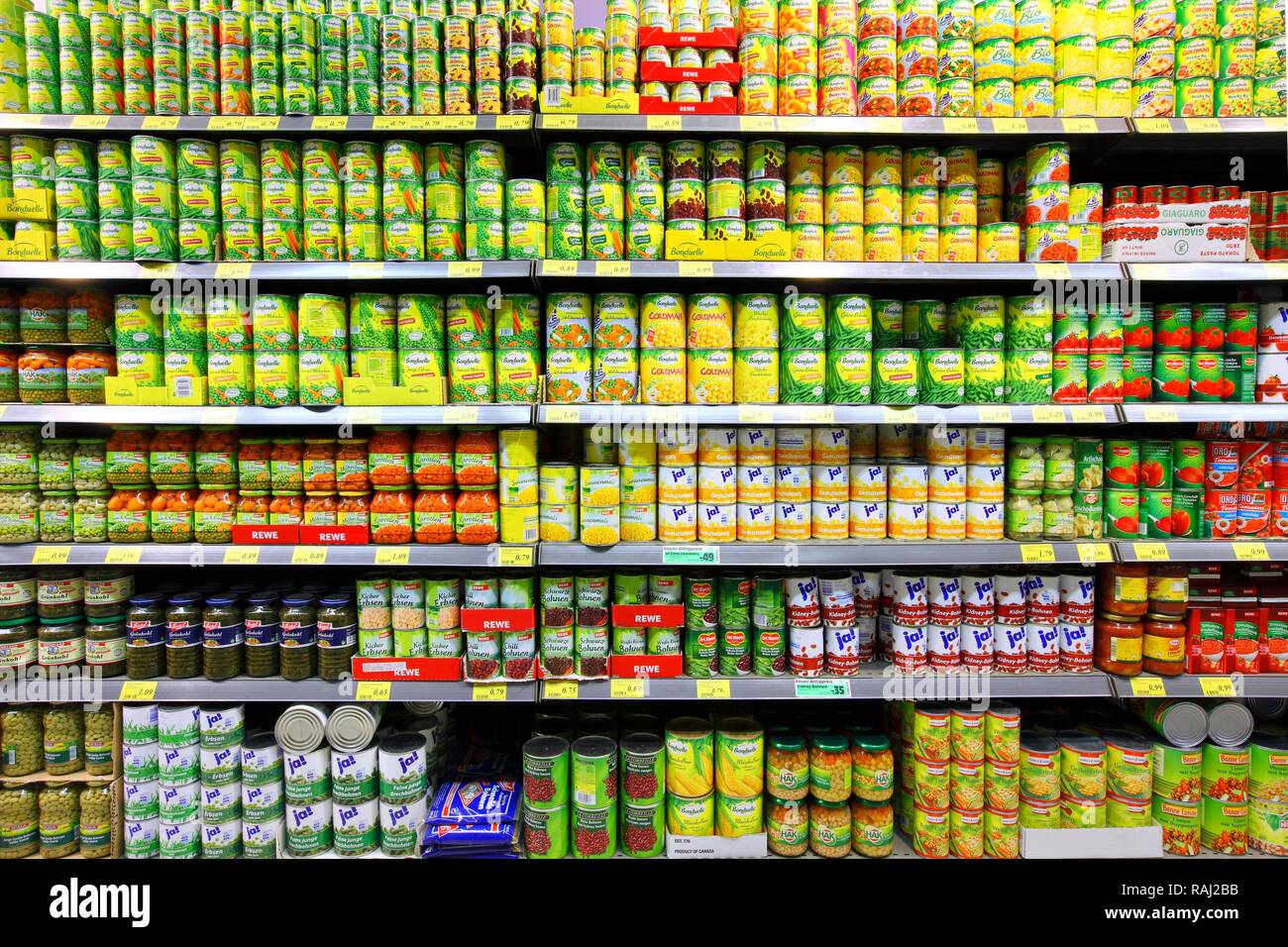 Shelves with canned food, selfservice, food department, supermarket