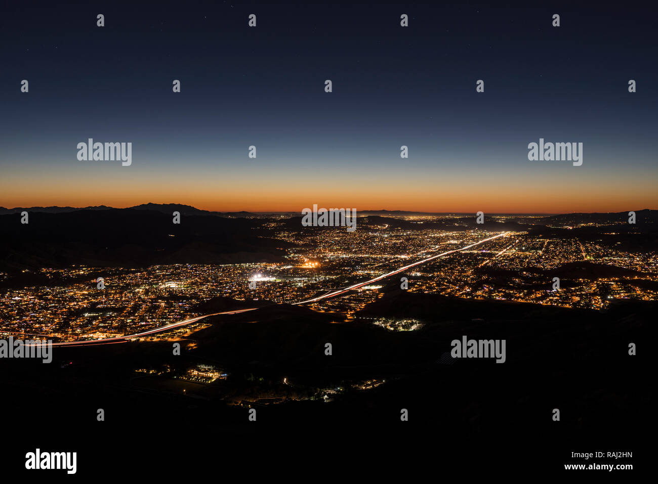 Dusk hilltop view of suburban Simi Valley from Rocky Peak Park near Los Angeles in Ventura County, California. Stock Photo