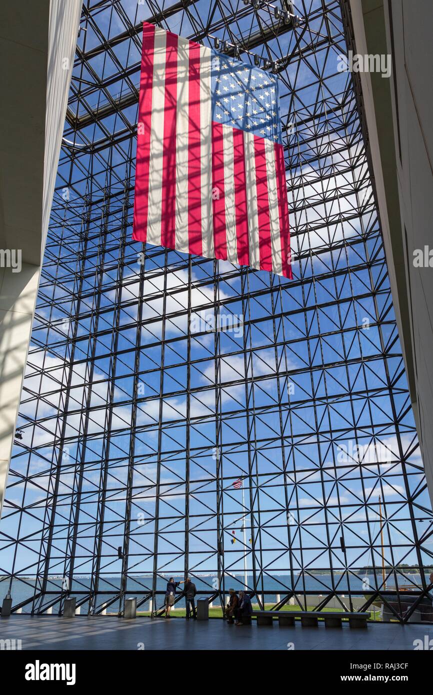 John F. Kennedy Presidential Library and Museum, USA Flag in Front of Windows, Boston, Massachusetts, USA Stock Photo