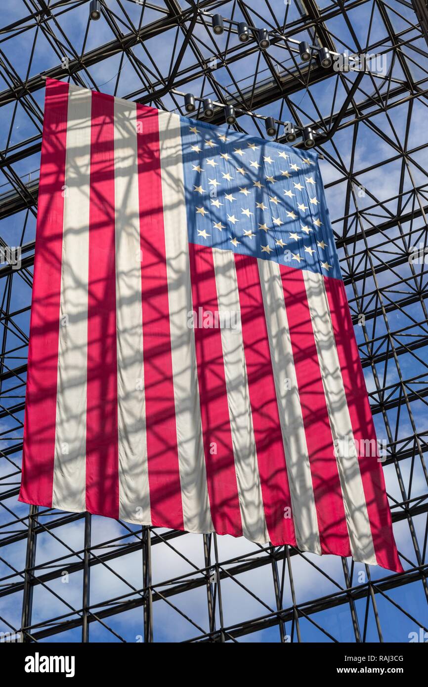 John F. Kennedy Presidential Library and Museum, USA Flag in Front of Windows, Boston, Massachusetts, USA Stock Photo