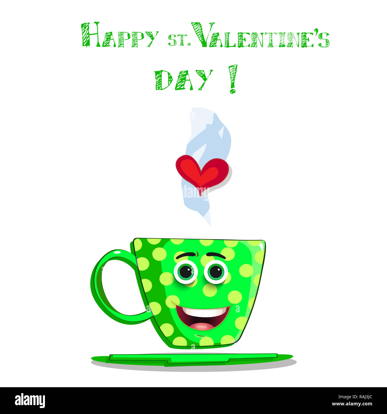 Happy st. valentine's day greeting card with cute cartoon male cup character. Green coffee mug with yellow polka dots, smiling face, eyes and heart in Stock Photo - Alamy Happy st. valentine's day greeting card with cute cartoon male cup character. Green coffee mug with yellow polka dots, smiling face, eyes and heart in Stock Photo - Alamy