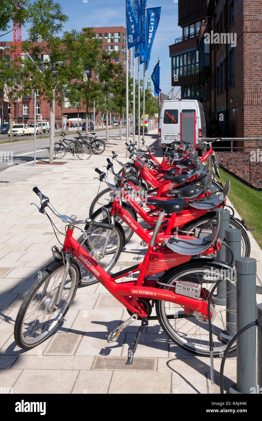 Rental bikes, HafenCity quarter, Hamburg, PublicGround Stock Photo