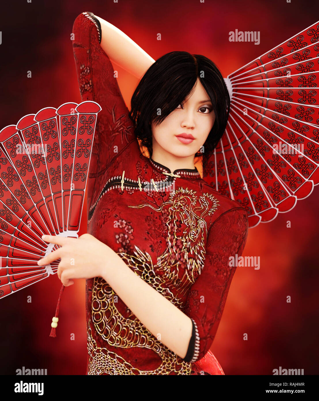 Asian girl with Traditional Chinese fan,3d rendering Stock Photo
