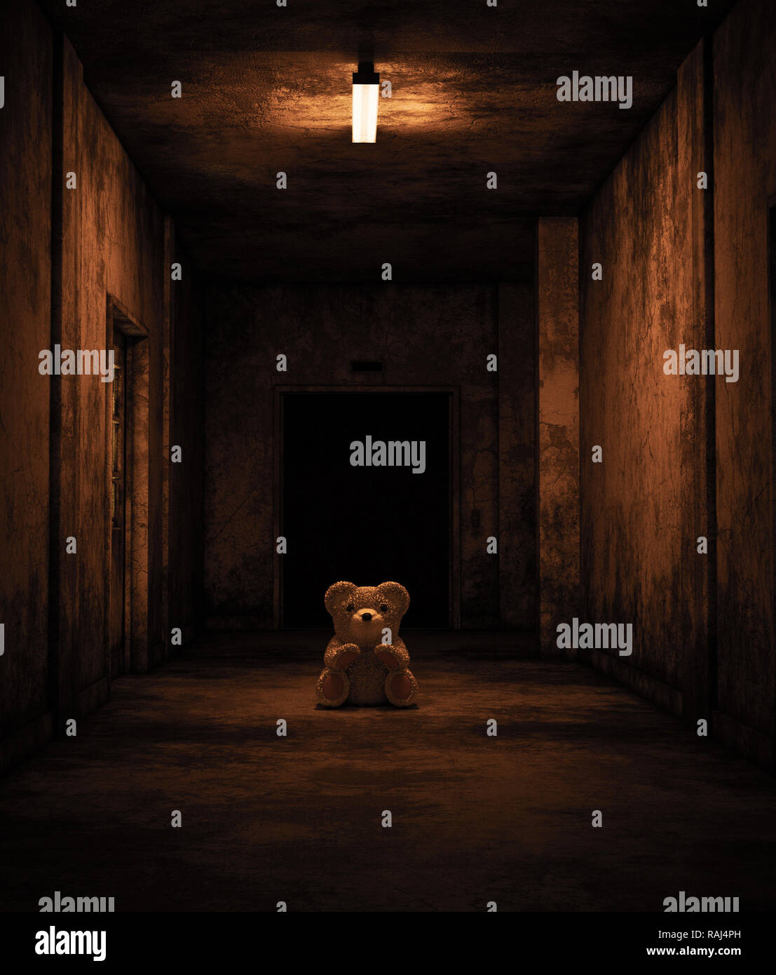 Teddy bear sitting in haunted house,Scary background for book cover Stock Photo