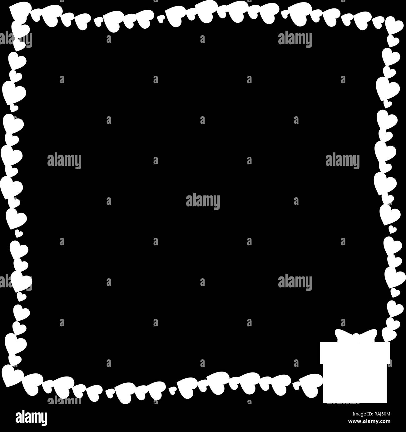black and white retro vintage border photo frame made of hearts with giftbox silhouette in