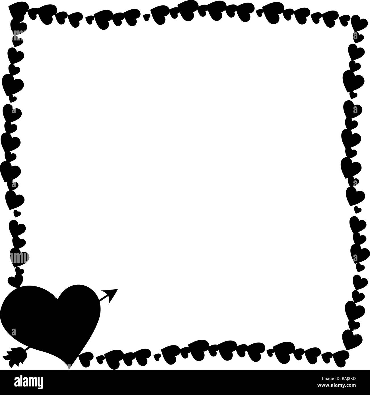 black and white retro vintage border photo frame made of hearts with arrow pierced heart