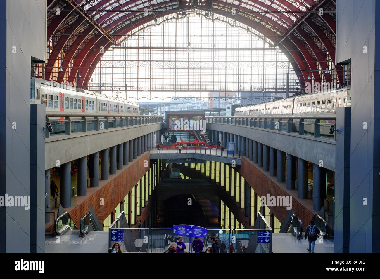 Antwerp, Belgium - Anno 2018: Inside the monumental Antwerp Train Station. Stock Photo