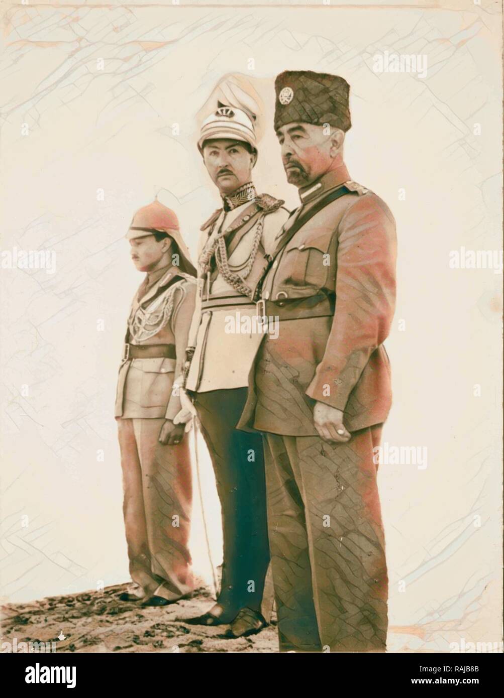 Coronation' of King Abdullah in Amman. (right to left) King Abdullah, Emir Abdul Illah (Regent of Iraq), and Emir reimagined Stock Photo