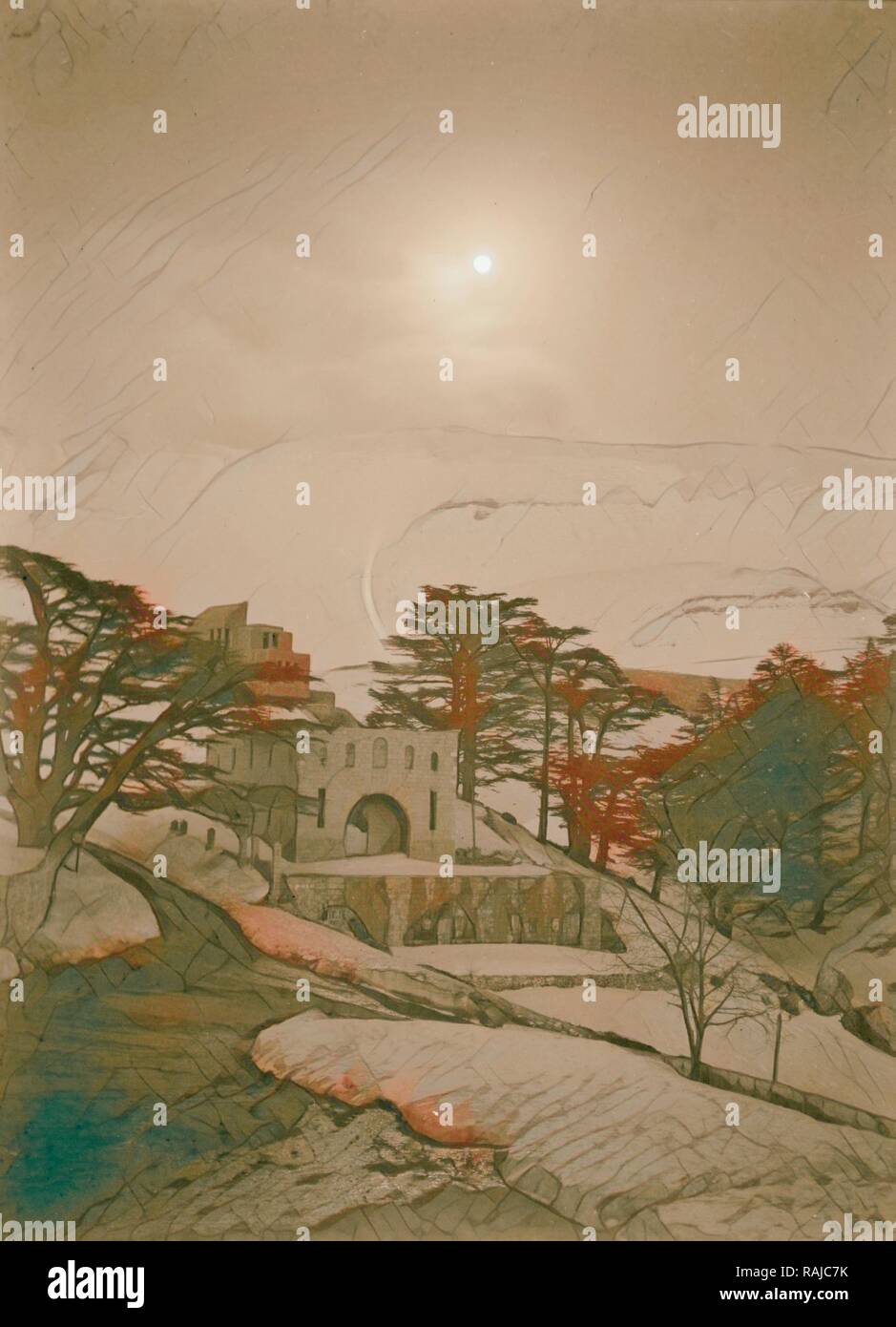Cedars. 1946, Lebanon. Reimagined by Gibon. Classic art with a modern twist reimagined Stock Photo