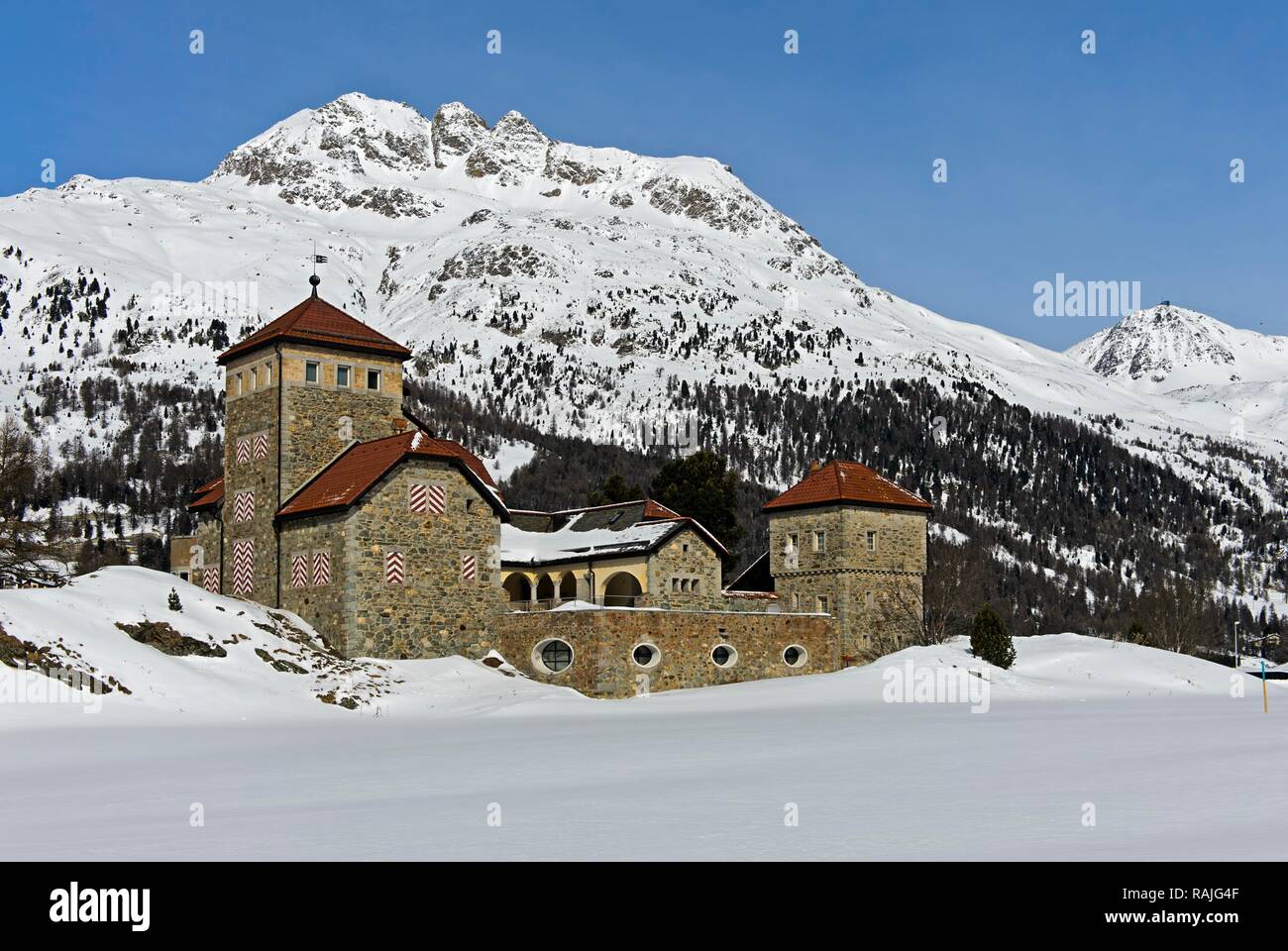 Castle Crap da Sass in the snow, Surlej, Engadin, Grisons, Switzerland Stock Photo