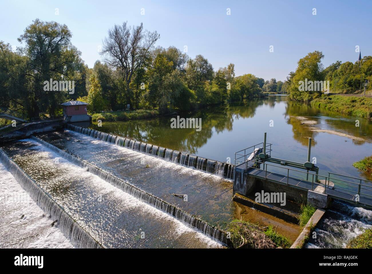 Barrage in the Amper in front of it flows into the Isar, Volkmannsdorf near Wang, district of Freising, Upper Bavaria, Bavaria Stock Photo