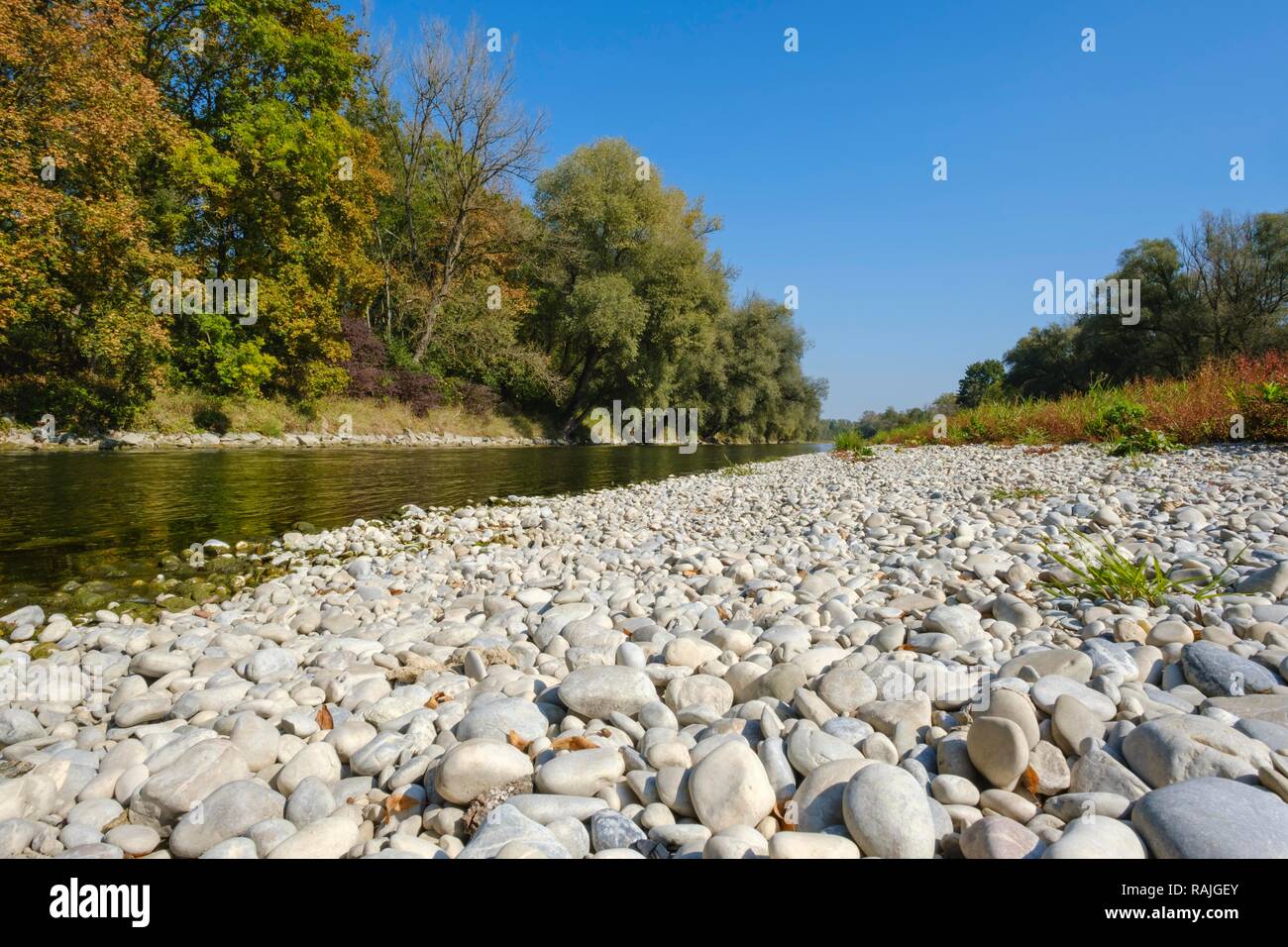 Gravel bank at Isar near Bruckberg, Lower Bavaria, Bavaria, Germany Stock Photo