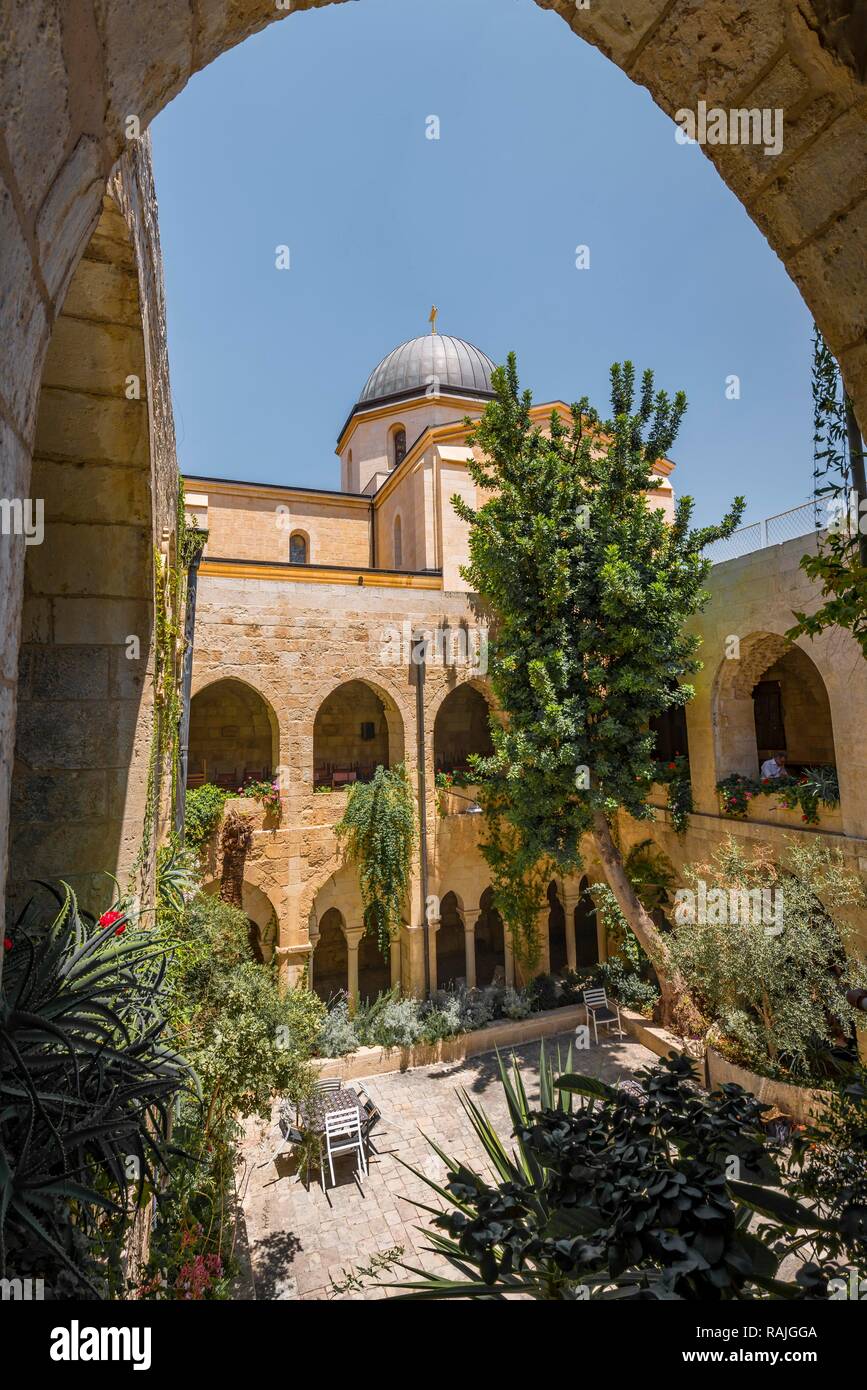 Arcade and courtyard of a church, Jerusalem, Israel Stock Photo