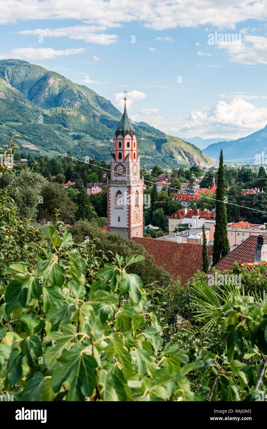 View over gardens, Sankt Nikolaus parish church, Parrocchia San Nicolò, city view, old town, Merano, Trentino, South Tyrol Stock Photo