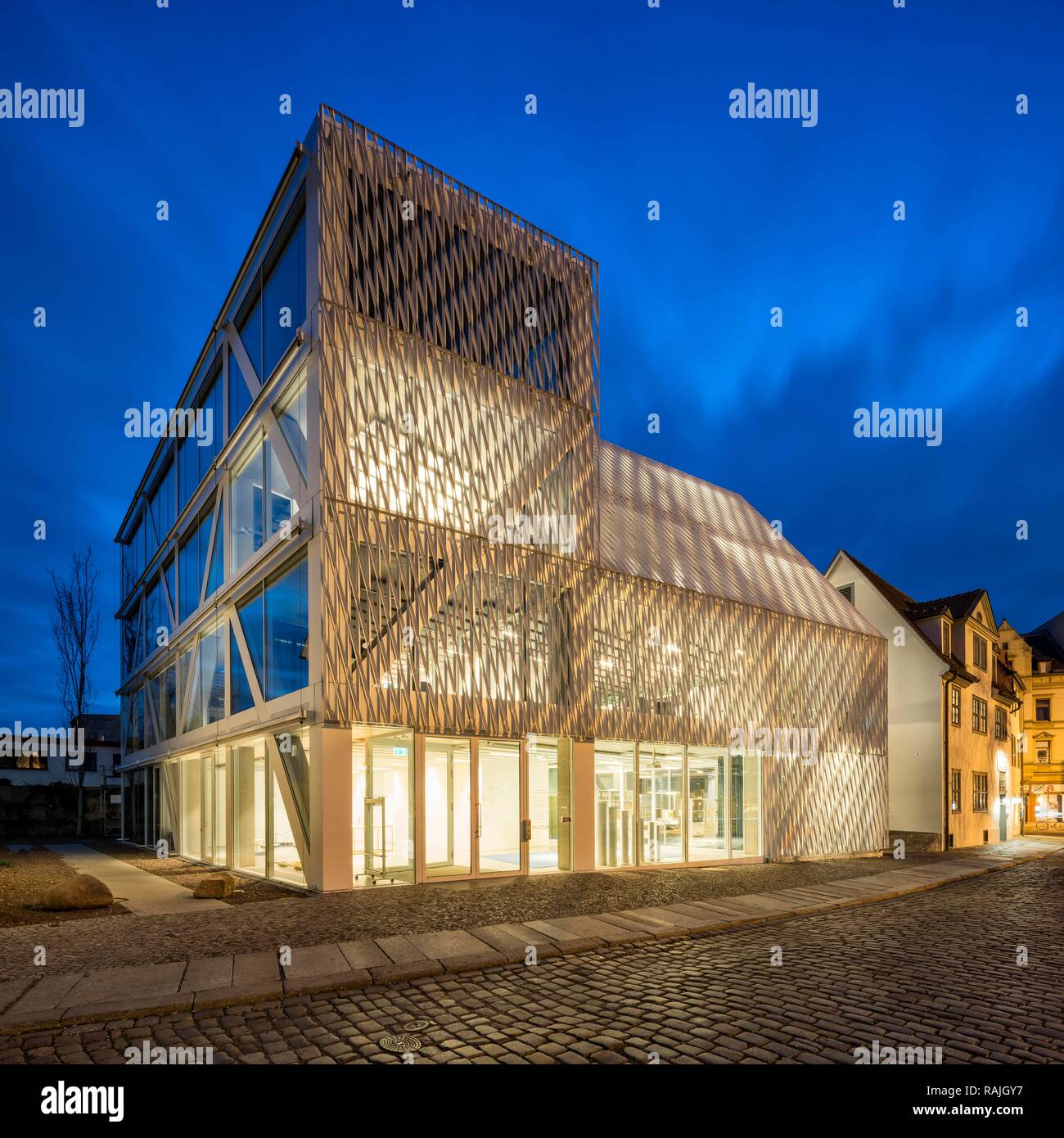 Illuminated Federal Cultural Foundation, at dusk, Halle an der Saale, Saxony-Anhalt, Germany Stock Photo