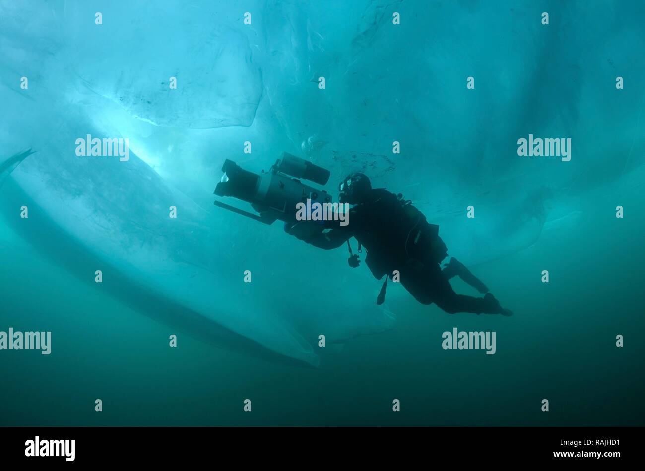 Underwater video-operator Didier Noirot, in lake Baikal, Siberia, Russia, island Olkhon. Stock Photo