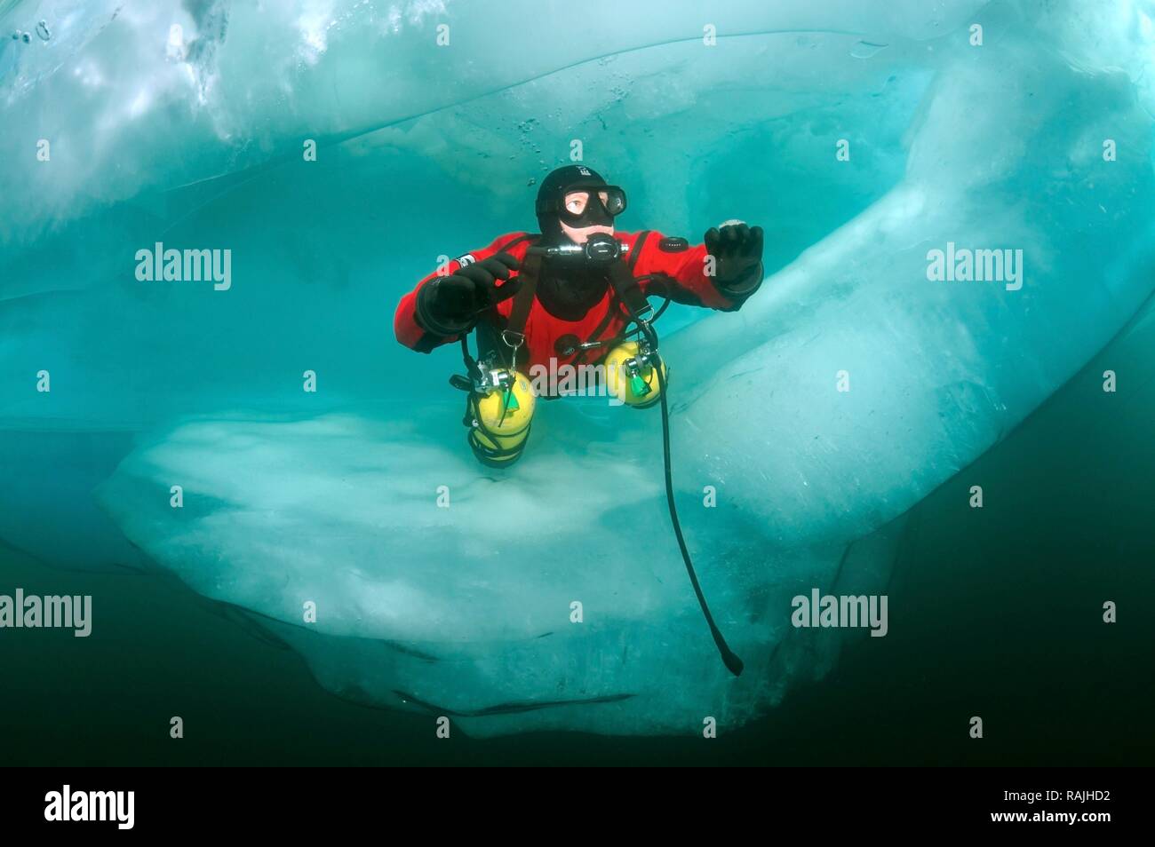 Technical diving, tec diving, ice-diving in Lake Baikal, Olkhon island, Siberia, Russia, Eurasia Stock Photo