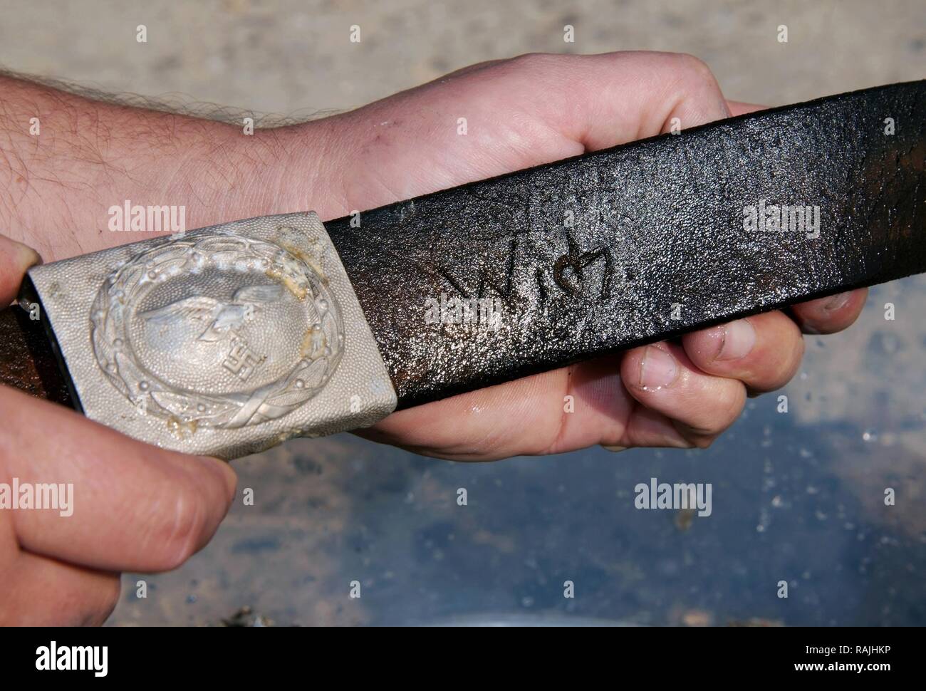Buckle of a military belt, from plane wreck Junkers JU-52, Black Sea, Odessa, Ukraine, Eastern Europe Stock Photo