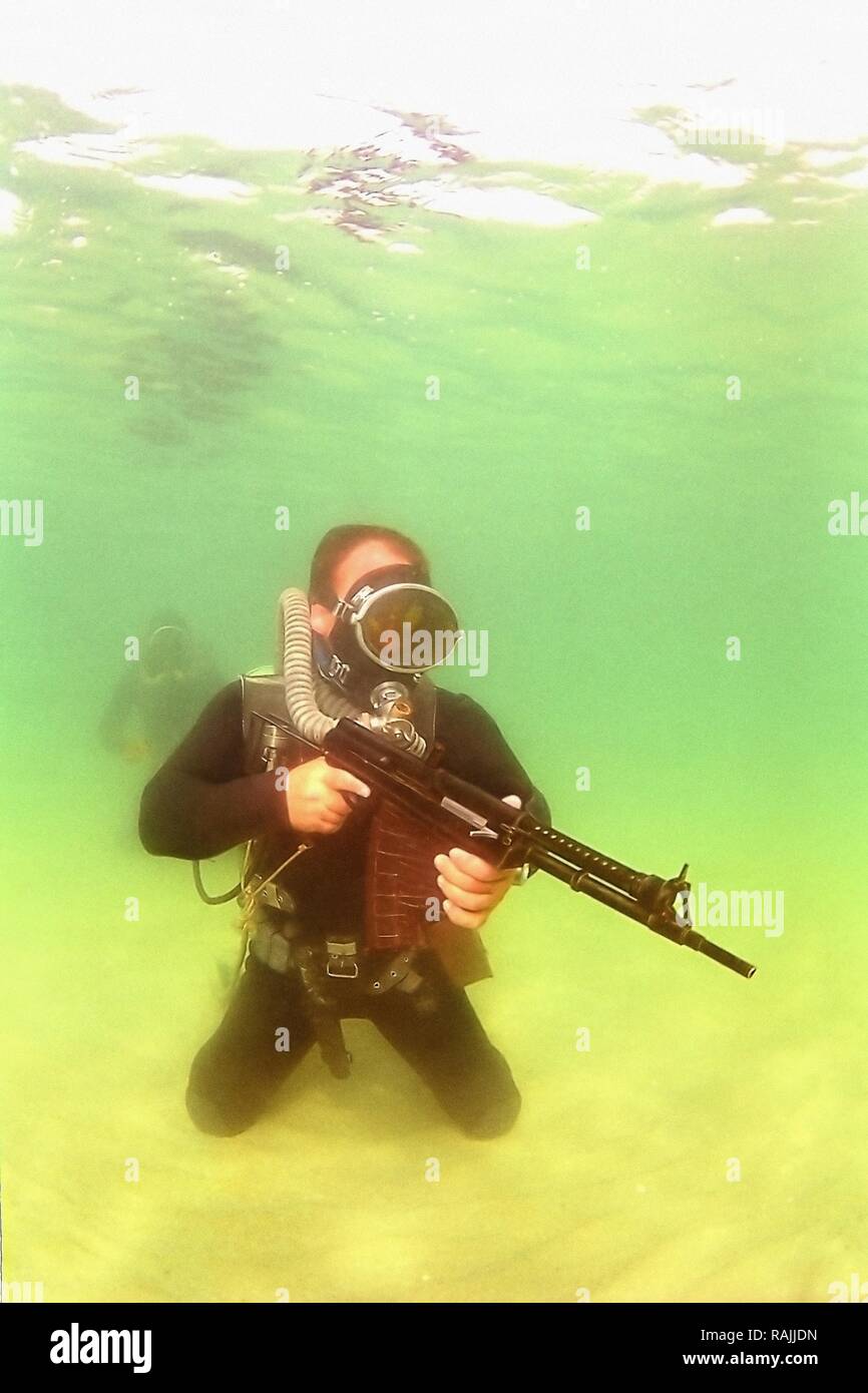 Military diver, gun, Black Sea, USSR, historical photo, 1989 Stock Photo