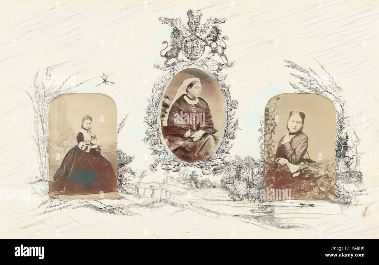 portrait of Queen Victoria, bordered by drawing of arms and English landscape, Anonymous. Reimagined Stock Photo