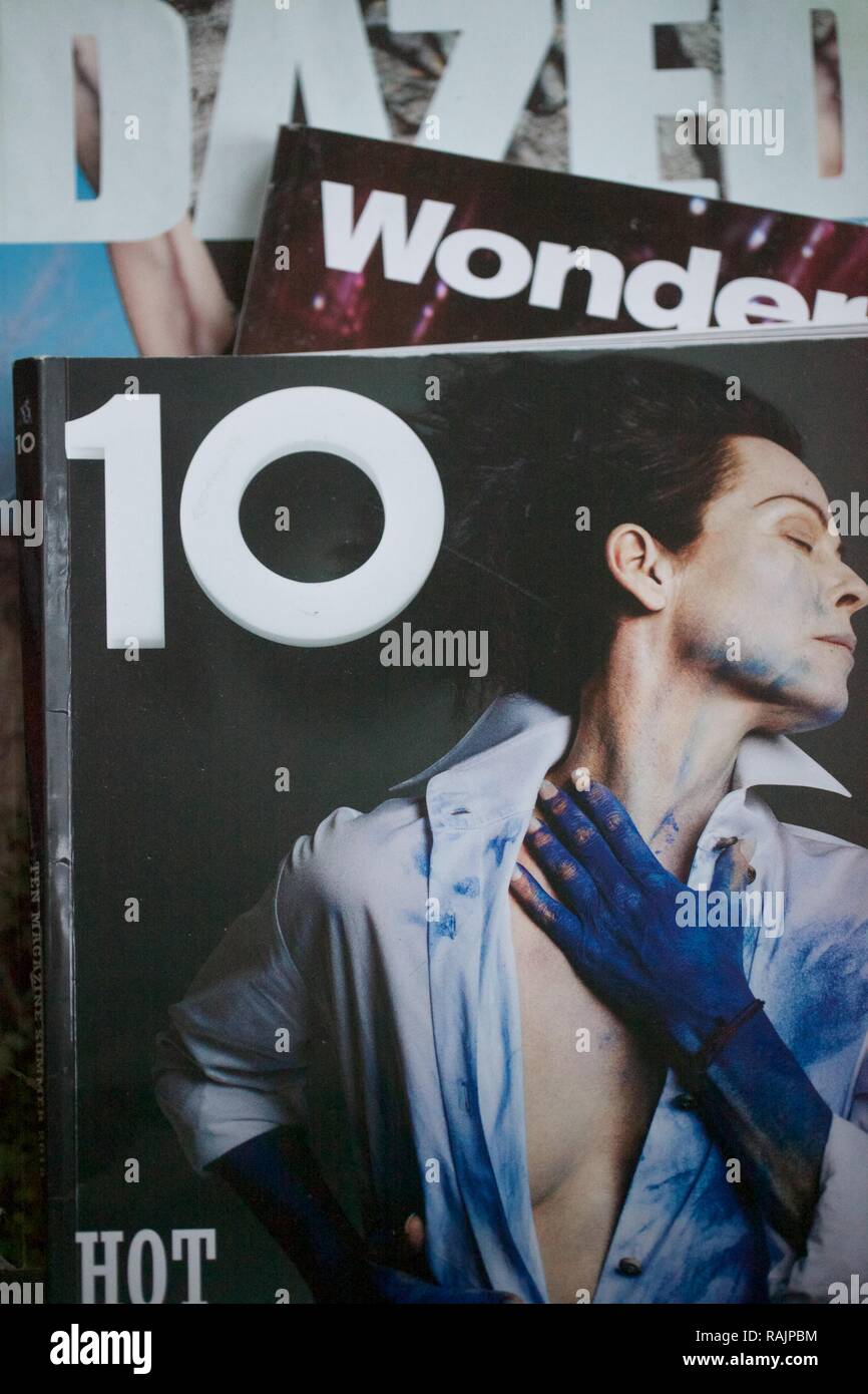A collection of fashion magazines such as dazed, wonderland and 10. Stock Photo