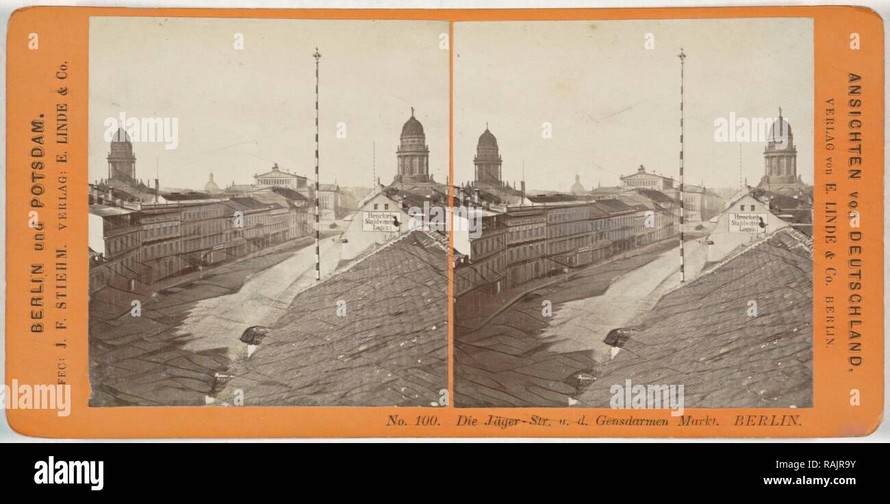 Die Jager-Str. u. d. Gens Casings Market. Berlin, Germany, Johann Friedrich Stiehm, E. Linde & Co, 1860 - 1890 reimagined Stock Photo
