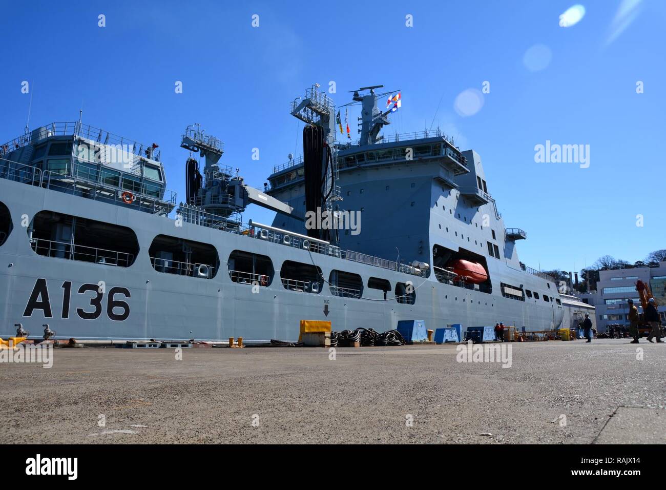 YOKOSUKA, Japan (Feb. 11, 2017) – Royal Fleet Auxiliary (RFA) Tidespring (A136) pulls into Fleet Activities (FLEACT) Yokosuka. RFA Tidespring is the first Tide-class tanker the Royal Navy has taken delivery of from South Korean shipbuilding company Daewoo Shipbuilding & Marine Engineering (DSME). Tidespring’s port call to FLEACT Yokosuka was a scheduled visit sponsored by the United Nations Command (Rear). FLEACT provides, maintains, and operates base facilities and services in support of 7th Fleet's forward-deployed naval forces, 83 tenant commands, and 24,000 military and civilian personnel. Stock Photo