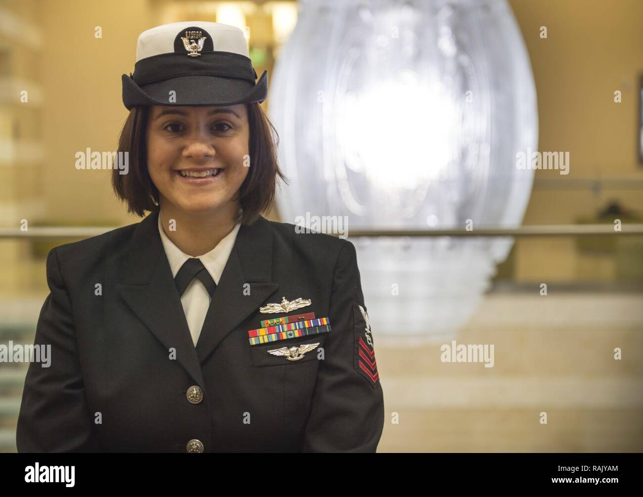 VIRGINIA BEACH, Va. (Feb. 6, 2017) Operations Specialist First Class Ciria Howe, representing Afloat Training Group Atlantic, poses for a portrait during Sailor of the Year (SOY) week. The SOY program was established in 1972 by Chief of Naval Operations Adm. Elmo Zumwalt and Master Chief Petty Officer of the Navy John Whittet to recognize an individual Sailor who best represented the ever-growing group of dedicated professional Sailors at each command and ultimately the Navy. The SURFLANT Sea and Shore SOY selected at the end of this week will advance to compete for SOY at U.S. Fleet Forces Co Stock Photo