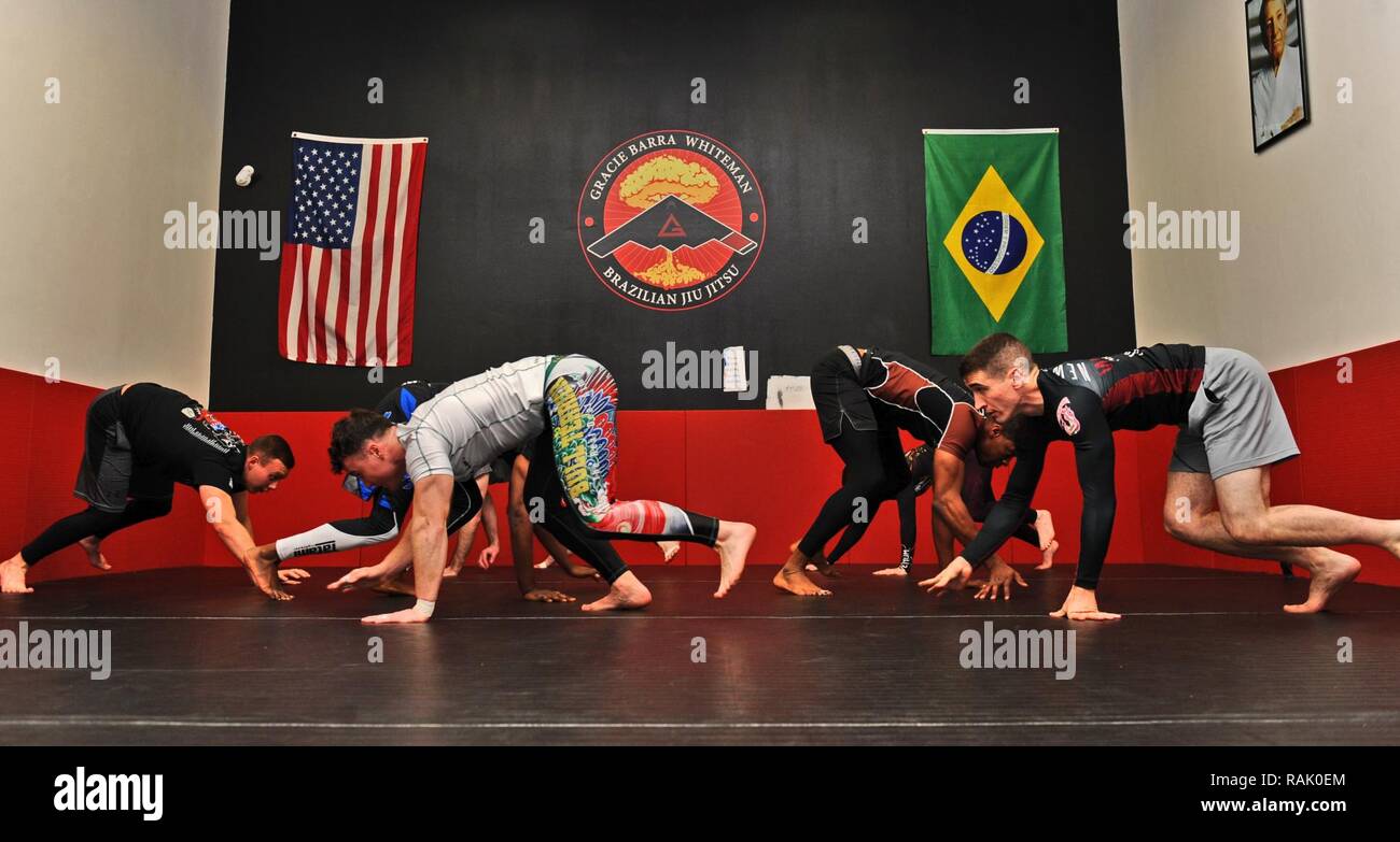 Students warm up during a Jiu Jitsu class by performing bear crawls at