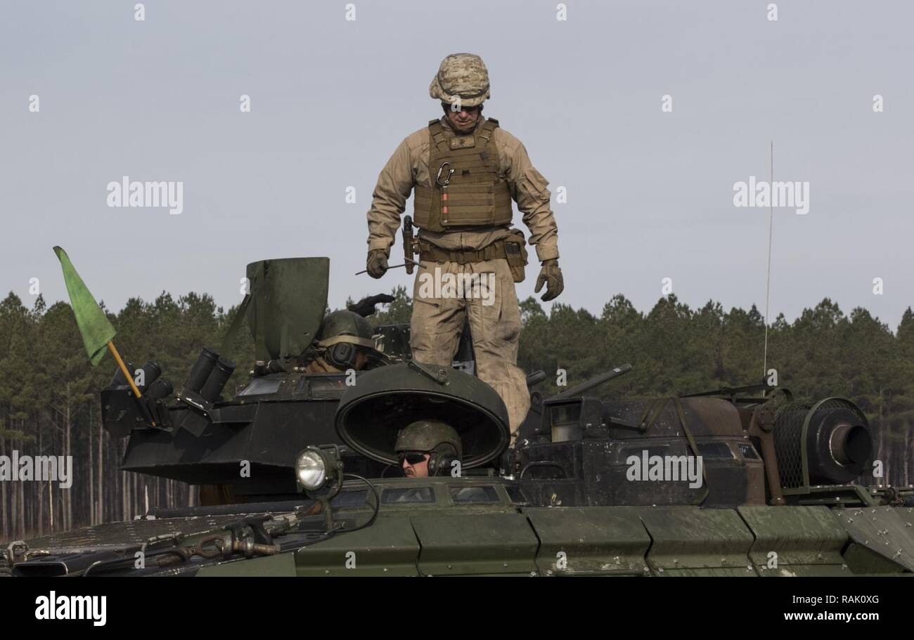 2nd Lt. Roger Kertsetter, a platoon commander with 2nd Assault Amphibian Battalion, 2nd Marine Division, climbs aboard an assault amphibian vehicle to clear its weapon systems of ammunition after conducting a gunnery range at Camp Lejeune, N.C., Feb. 7, 2017. The Marines participate in this annual qualification in order to gauge and improve their skills with the MK19 automatic grenade launcher, the M2 .50 caliber machine gun, and overall operation of assault amphibian vehicles. Stock Photo