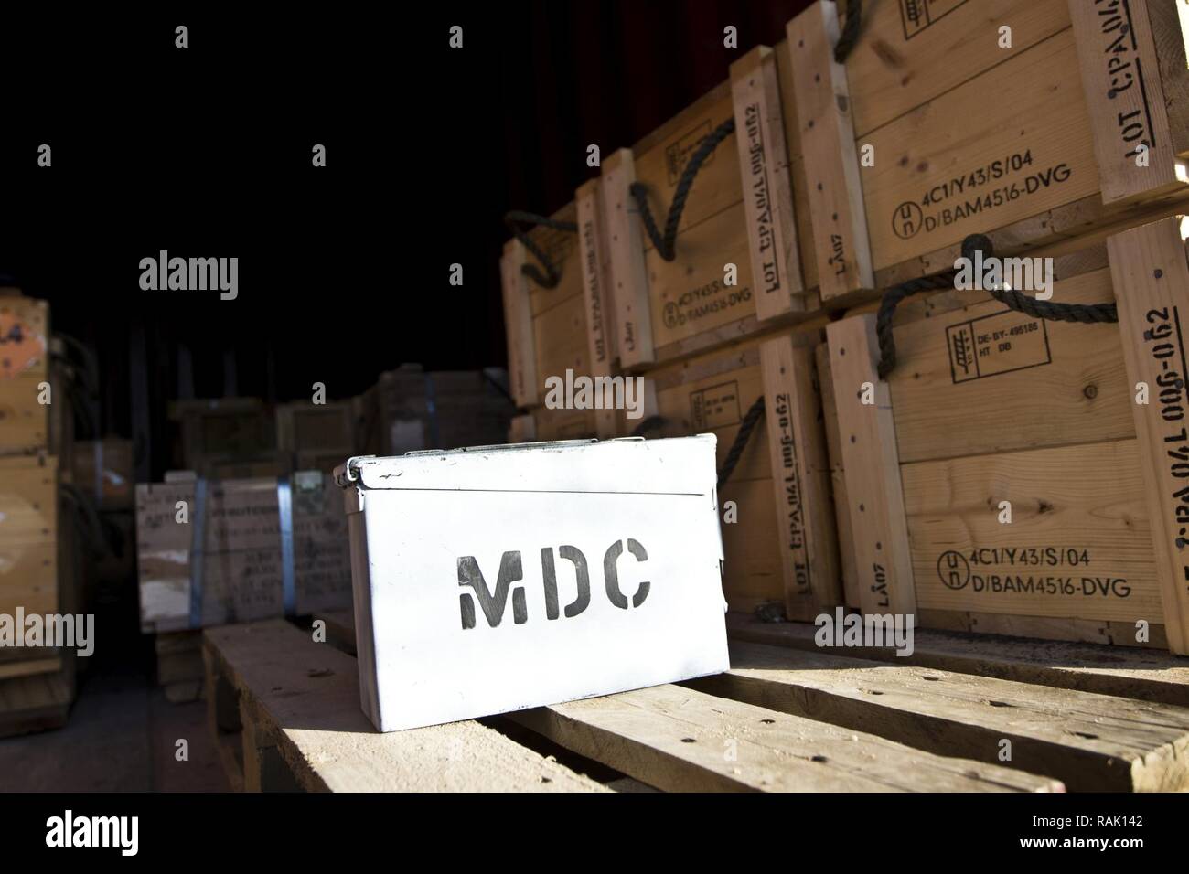 A Magazine Data Card (MDC) sits on an ammunition storage pallet during the 2017 Worldwide Ammunition Logistics and Explosives Safety Review in Camp Arifjan, Kuwait, on Feb. 7, 2017. The MDCs are a living document that counts the in and out of stock per ammo pallet. Stock Photo