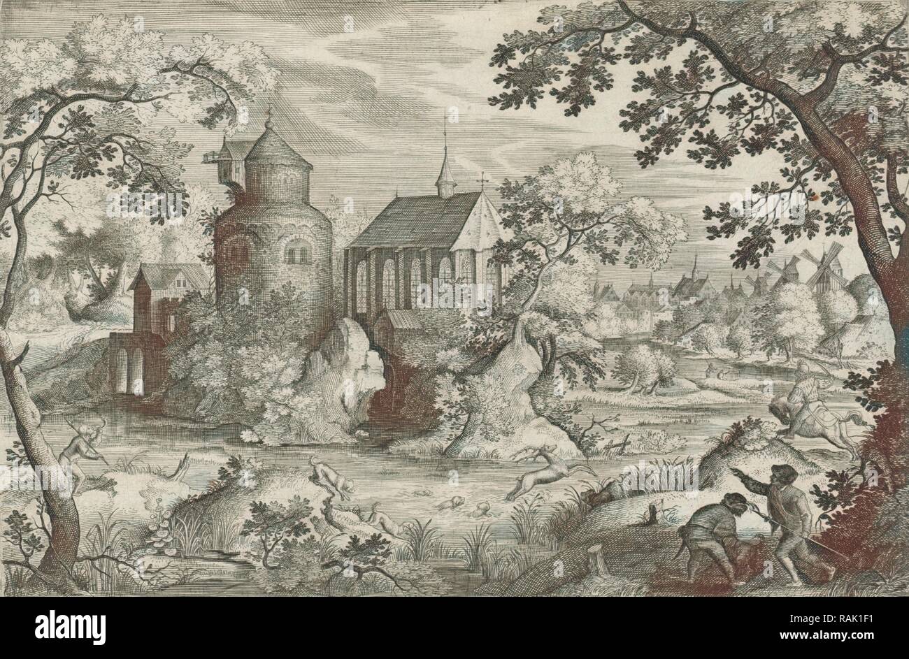 Deer Hunting with a chapel, print maker: Jan van Londerseel, Jacob Savery I, 1602 - 1625. Reimagined Stock Photo