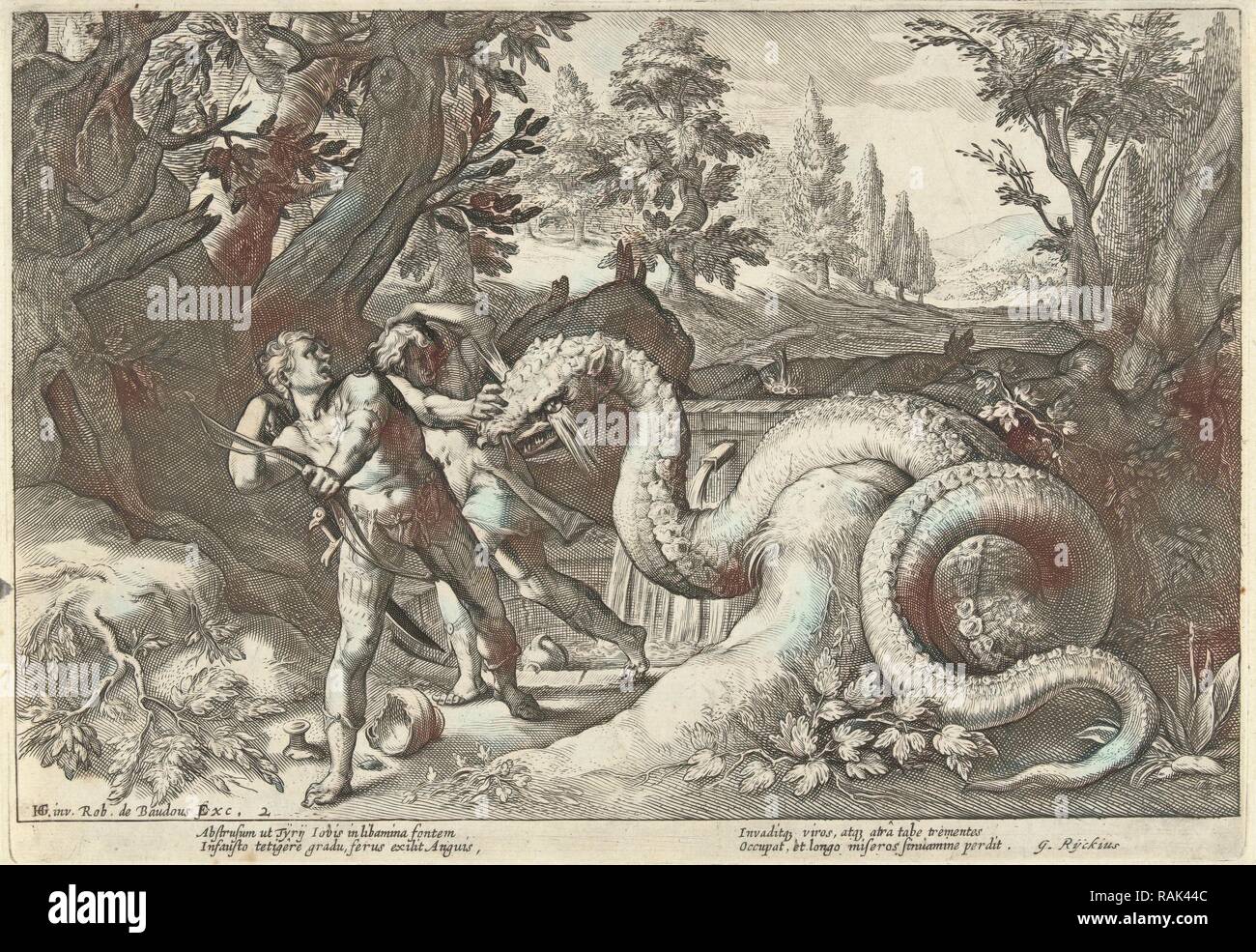 The dragon kills the companions of Cadmus, print maker: Robert de Baudous, Hendrick Goltzius, G. Rijckius, 1591 reimagined Stock Photo