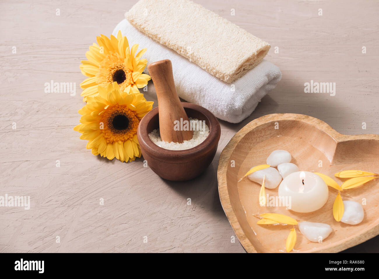Flowers for spa. Spa composition with daisy flowers. Stock Photo