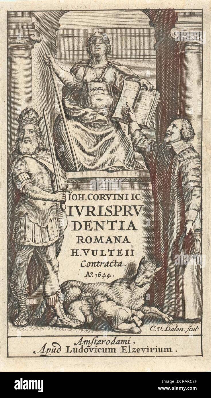Justice enthroned on base between mental and emperor, Romulus and Remus suckled by the wolf, Cornelis van Dalen (I reimagined Stock Photo