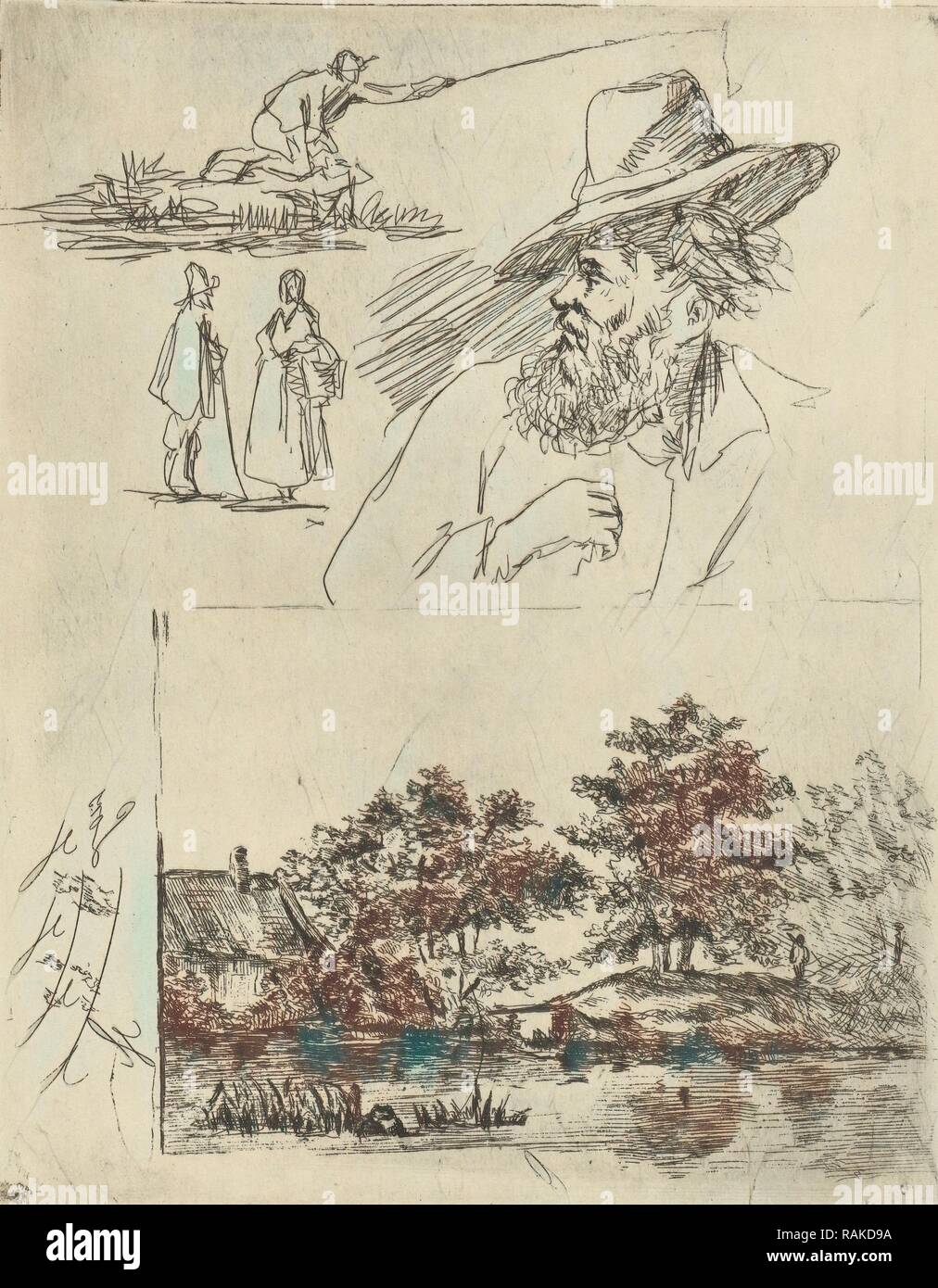Study Journal of three figures, one is fishing, head of an older man with beard and hat and a landscape with a river reimagined Stock Photo