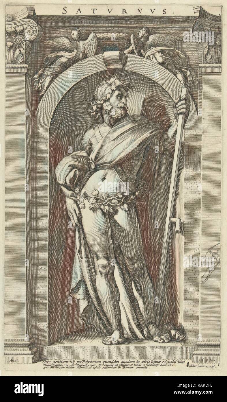 Saturn, standing in a niche, a scythe in his left hand, series of eight prints of classical gods, based on paintings reimagined Stock Photo
