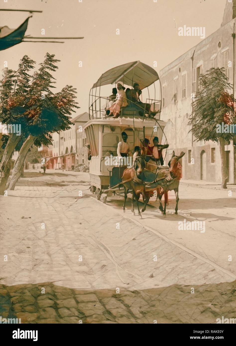 Tripoli. Mule-drawn tramcar 1900, Lebanon, Tripoli. Reimagined by Gibon. Classic art with a modern twist reimagined Stock Photo