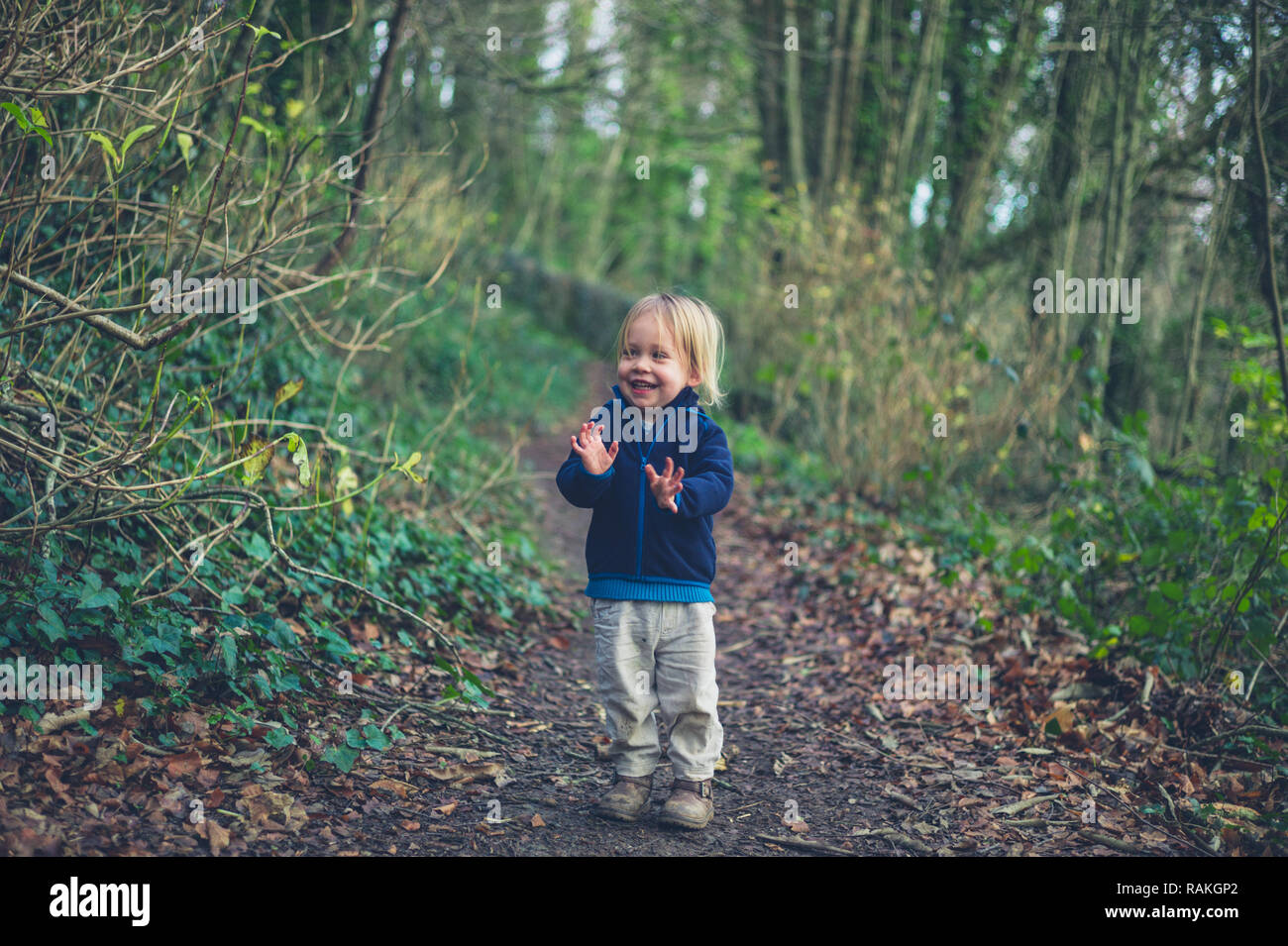 A little toddler is standing on a path in the woods Stock Photo - Alamy