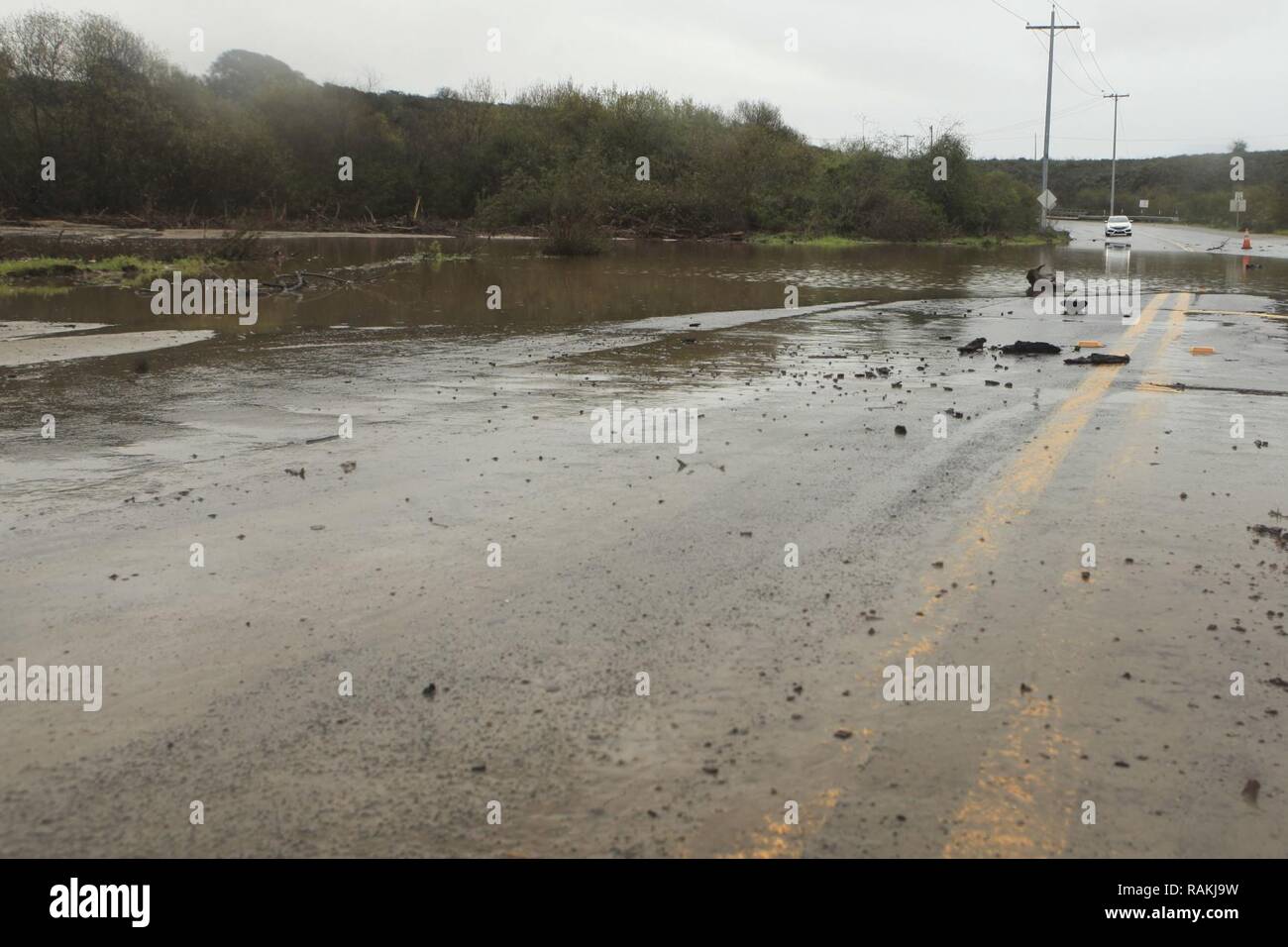 The intersection of Stuart Mesa road and Las Pulgas road is closed due to the excessive rain on Marine Corps Base, Camp Pendleton, Calif., Feb. 18, 2017. Stock Photo