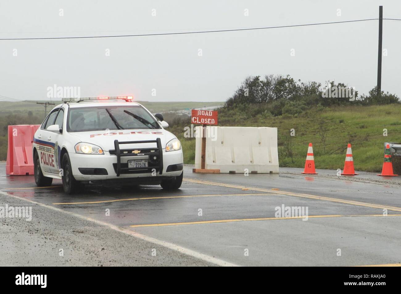 The intersection of Stuart Mesa road and Las Pulgas road is closed due to the excessive rain on Marine Corps Base, Camp Pendleton, Calif., Feb. 18, 2017. Stock Photo