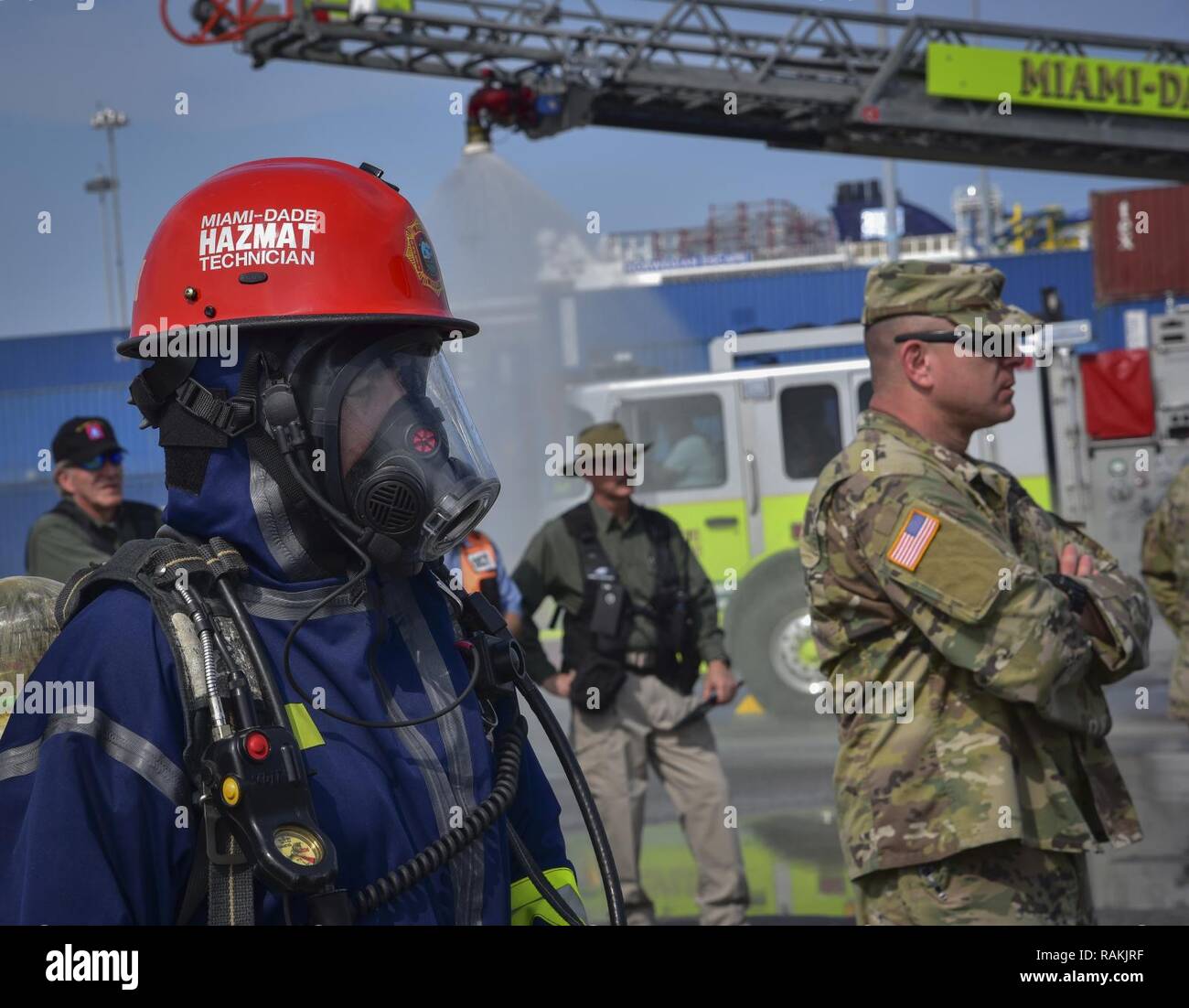 A HAZMAT technician with the MiamiDade Fire Rescue Department prepares
