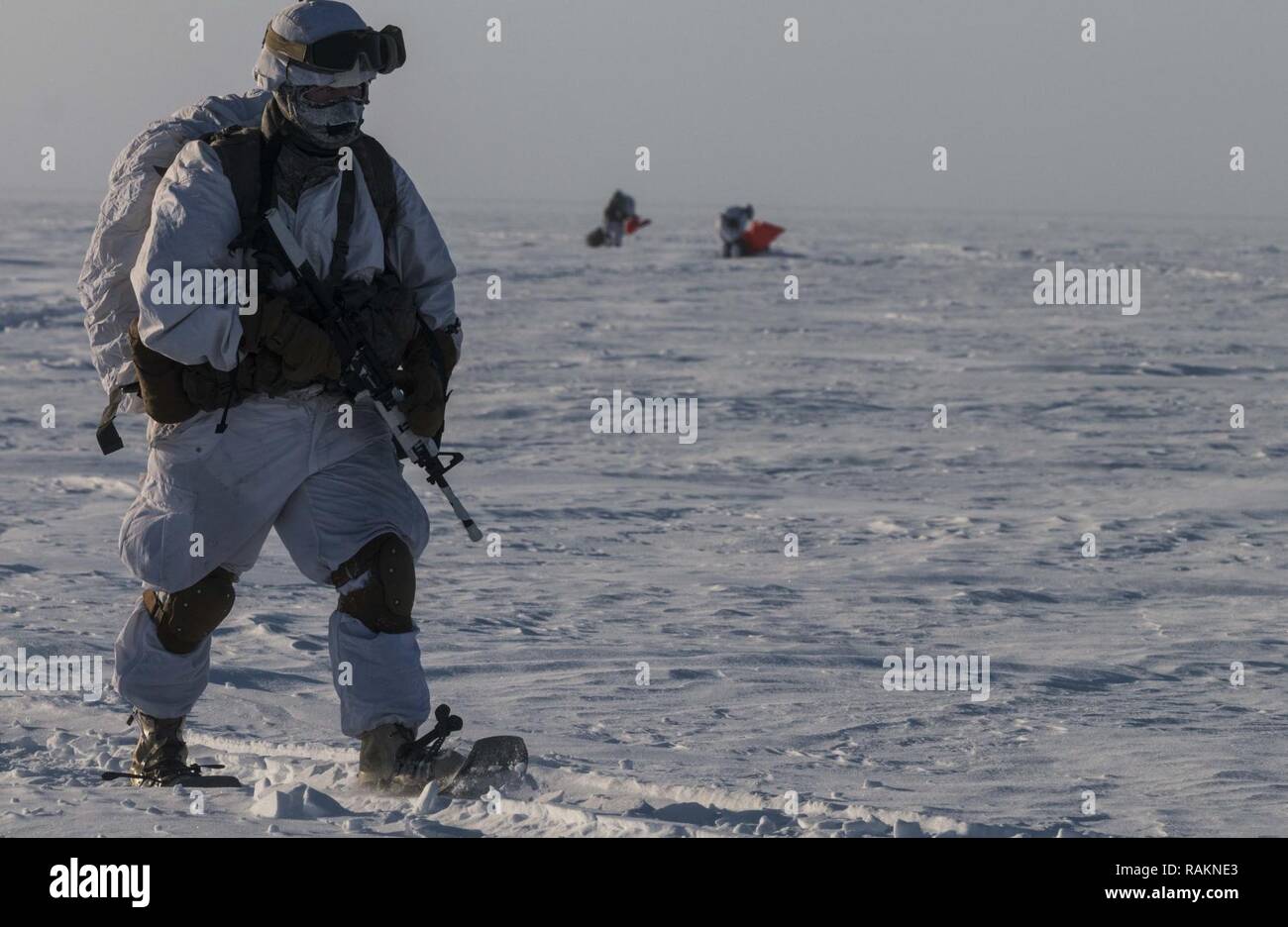 A 1st Squadron, 25th Cavalry Regiment #paratrooper moves to a rally point after a successful airborne operation in Deadhorse, Alaska, February 22. The battalion dropped 128 paratroopers in full-on Arctic winter conditions. Stock Photo