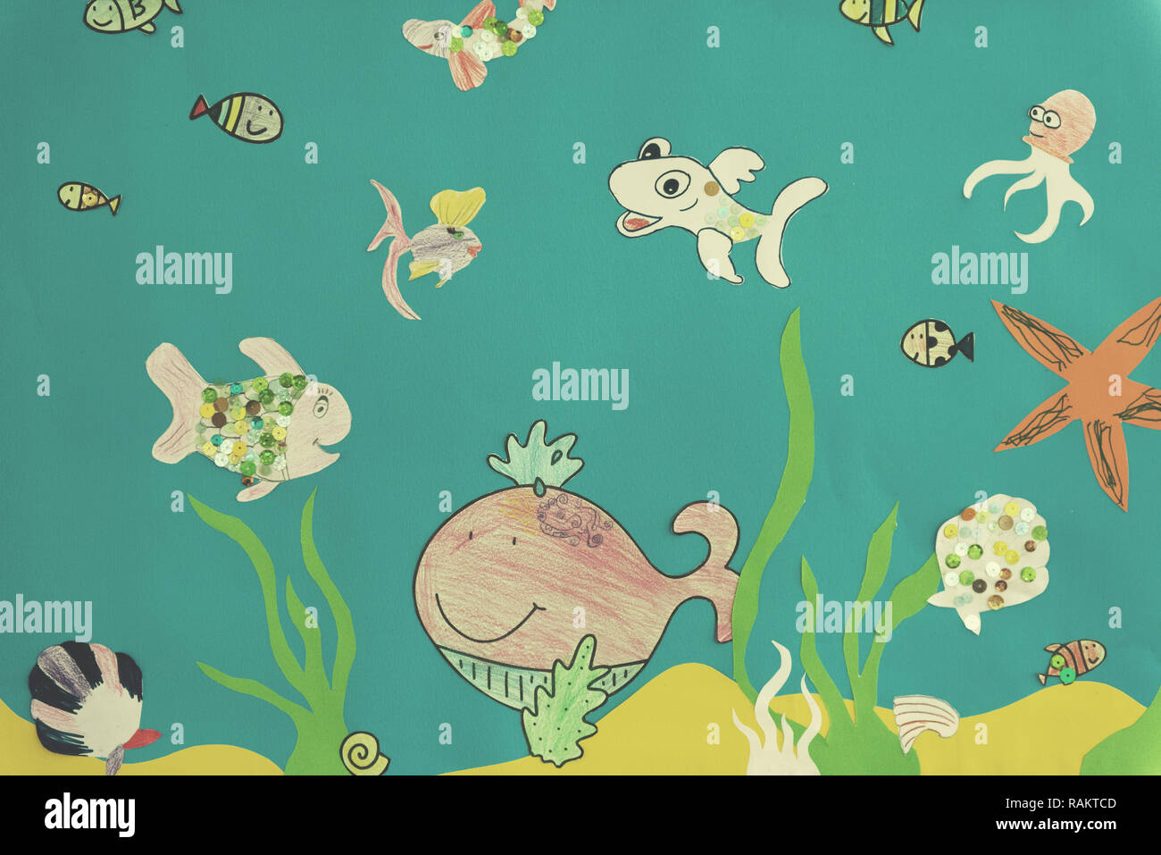 Kids Colorful Drawing Of Different Creatures Of The Sea Stock Photo Alamy
