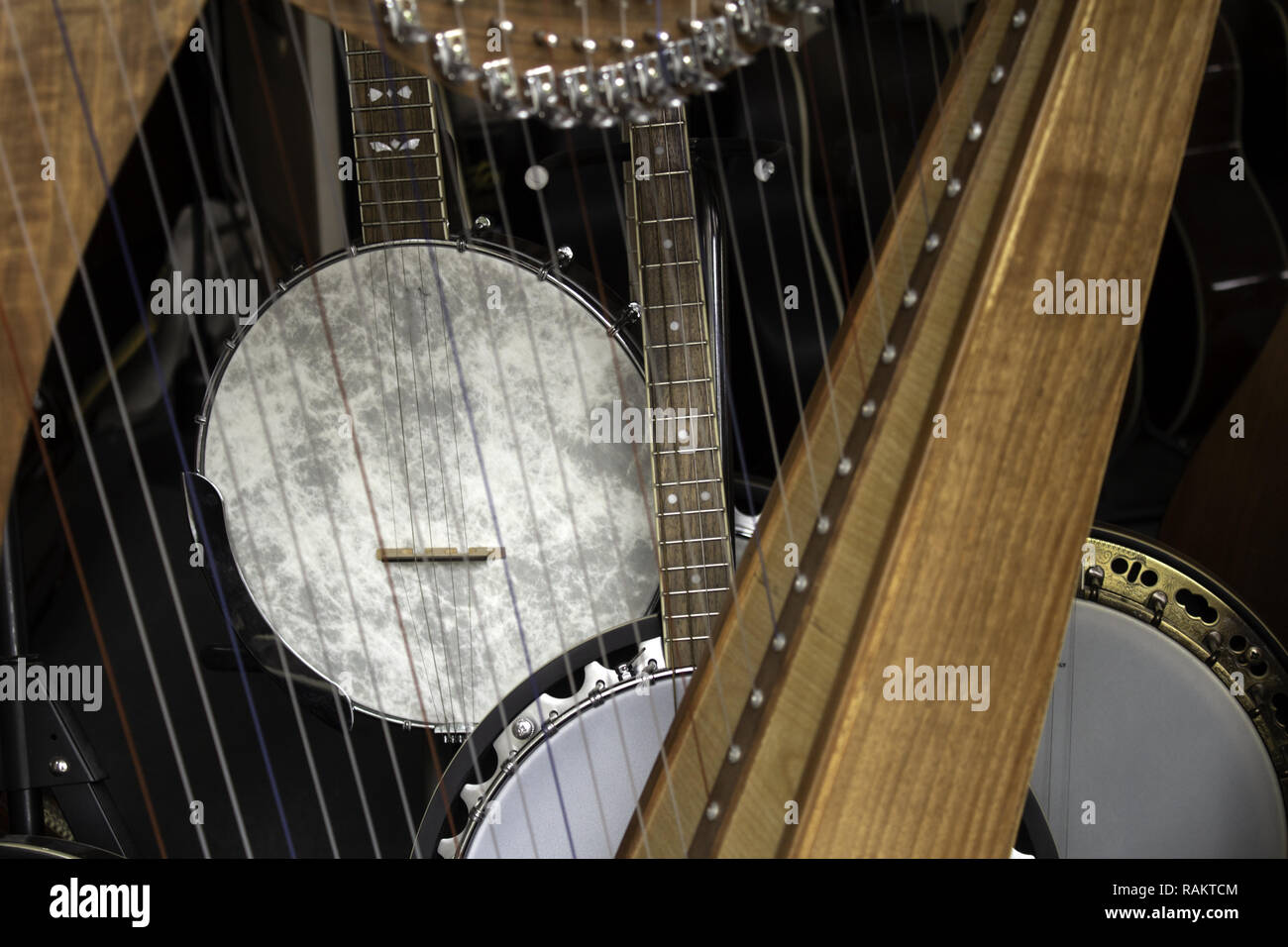 String musical instruments in store, music and hobbie Stock Photo